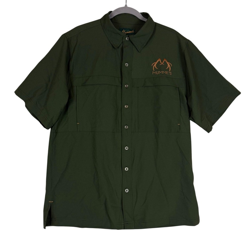 Mumme's Shirt Mens Large Green Solid Short Sleeve Button Front Hunting Outdoor